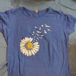 Blue Short Sleeve Tee with Daisy and Birds